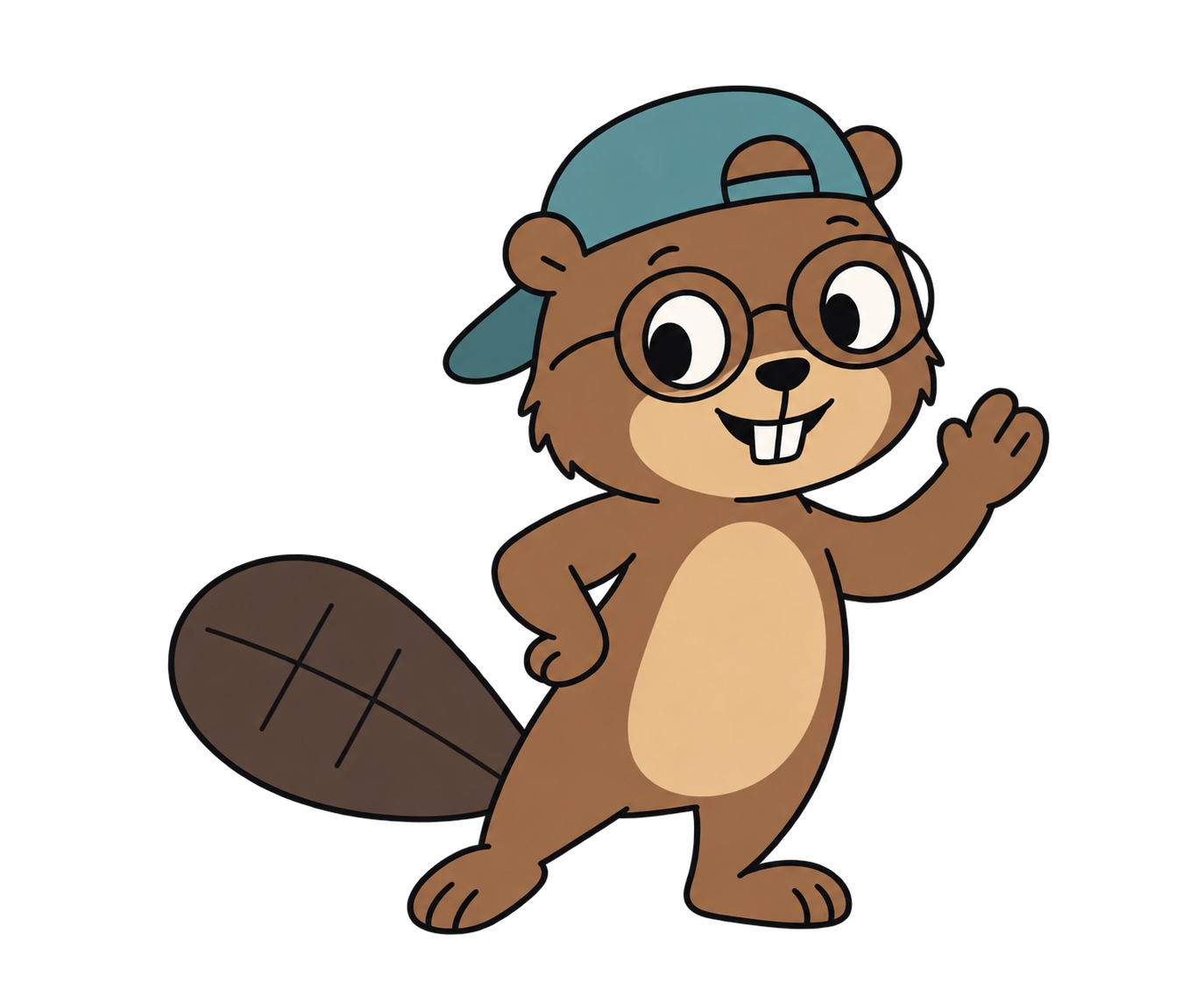 A cheerful beaver leaning sideways and waving hello