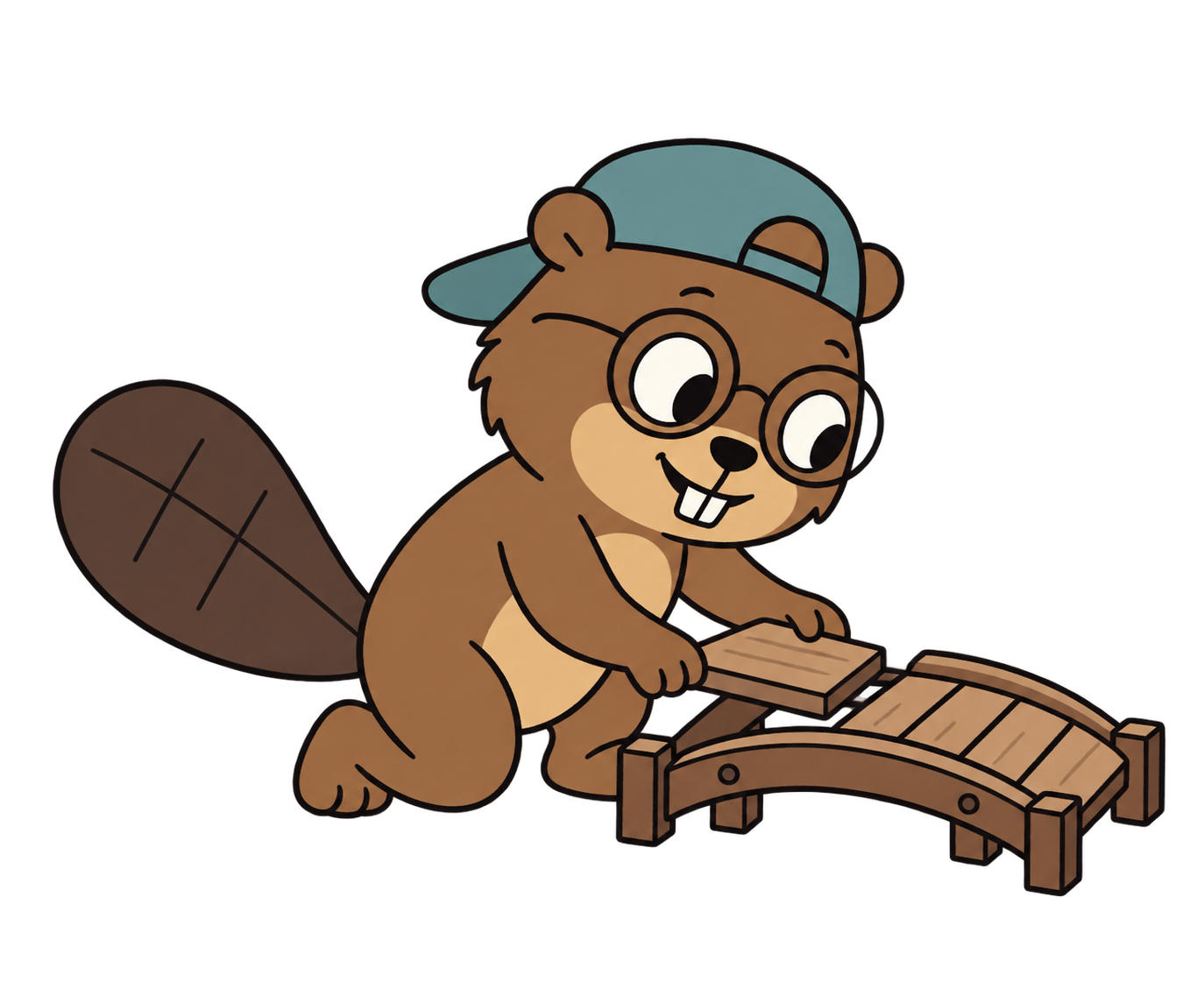 A beaver kneeling to fit a plank into a small bridge