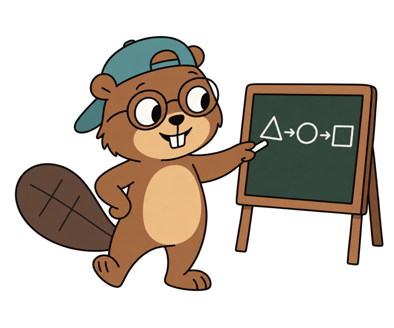 A beaver pointing to connected shapes on a board